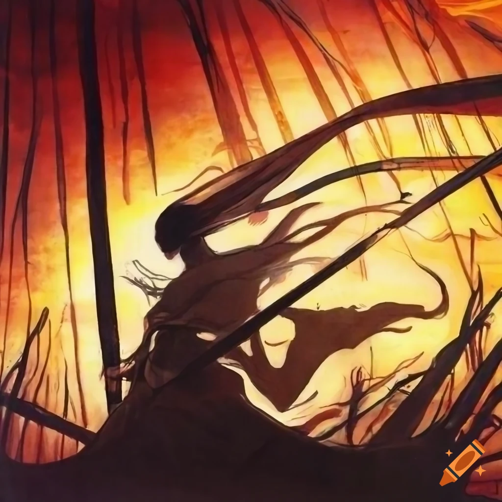 Black and white warriors fighting in a bamboo forest at sunset