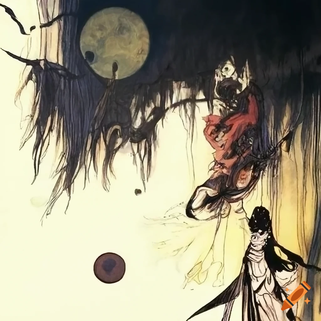 Epic battle between two warriors in a bamboo forest under a starry sky, inspired by Yoshitaka Amano