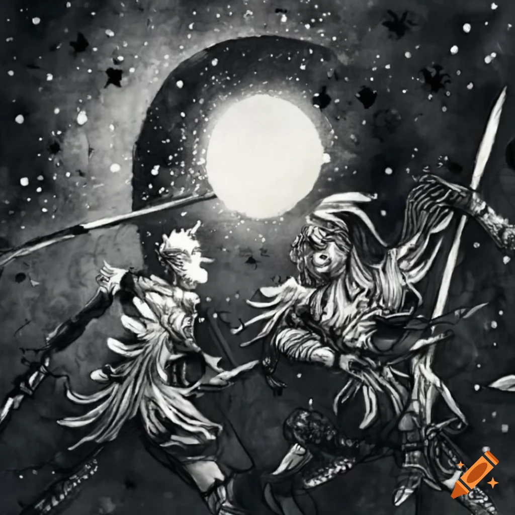 Epic battle of elegant warriors in a bamboo forest under a starry sky