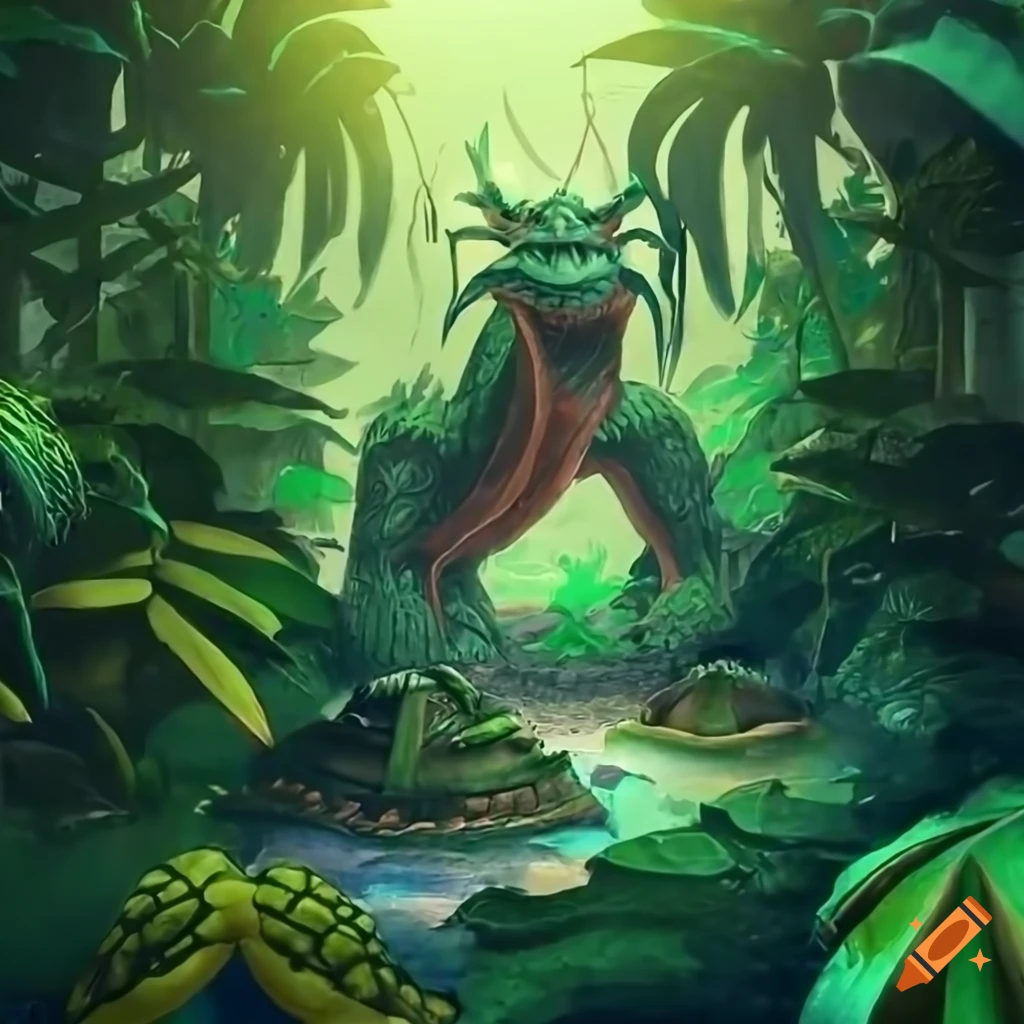 Massive statue of dragon, scorpion, turtle, and snake in lush jungle surrounded by exotic plants and tall trees