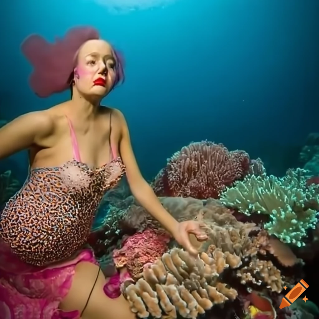 Magical underwater scene with a 1920s flapper model in a coral reef