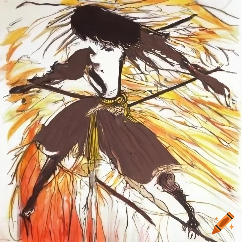 Black warrior battles white warrior in a bamboo forest at sunrise, Yoshitaka Amano style