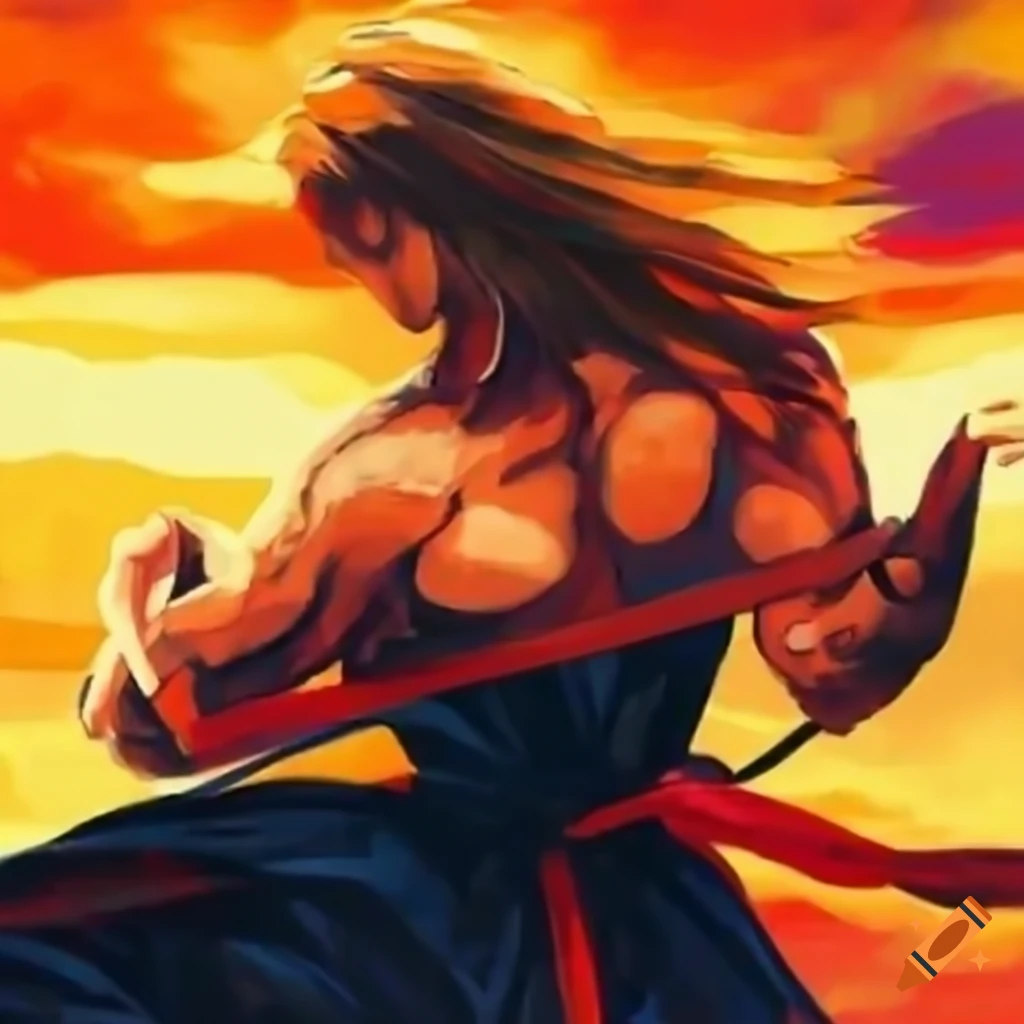 Karate fight in Tokyo with male character in anime art against monster, Torii in background, manga style