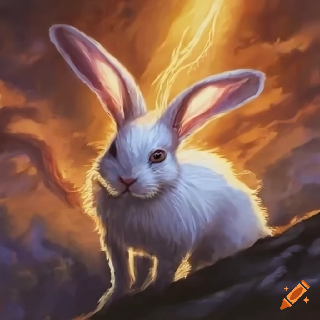 White rabbit standing on a hill in a beam of light in a magical scene ...