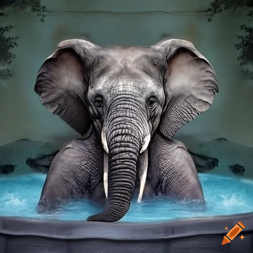Elephant sitting in a hot tub with a 'Trunks Encouraged' sign in the background