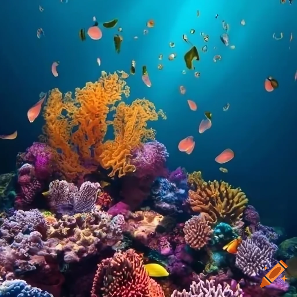 Underwater scene with vibrant coral reef, seaweed, bubbles, and light rays