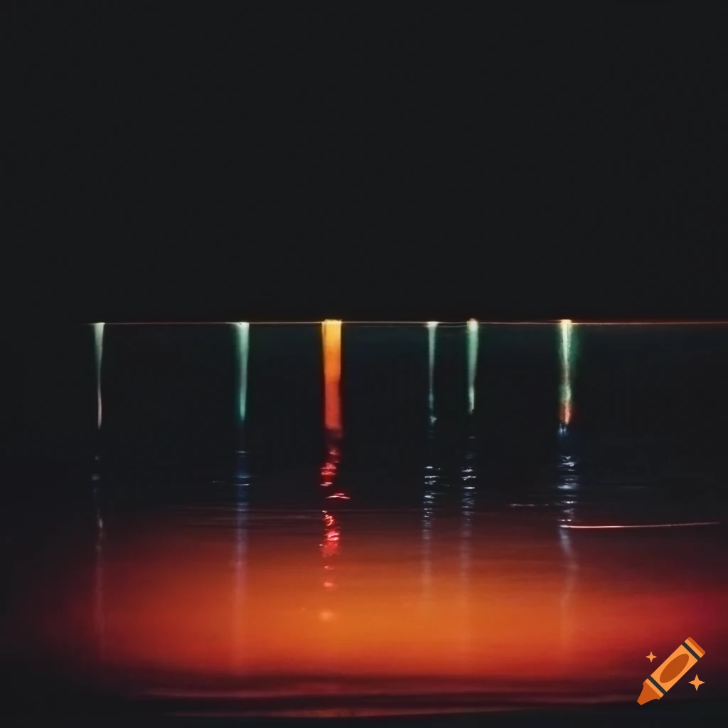 Nighttime outdoor pool with distant lights in a low-fi Polaroid style