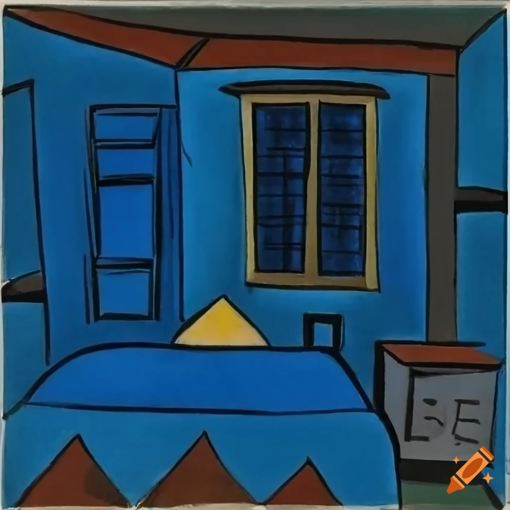 Hotel room with bed, wardrobe, bathroom, and window in a Pablo Picasso style