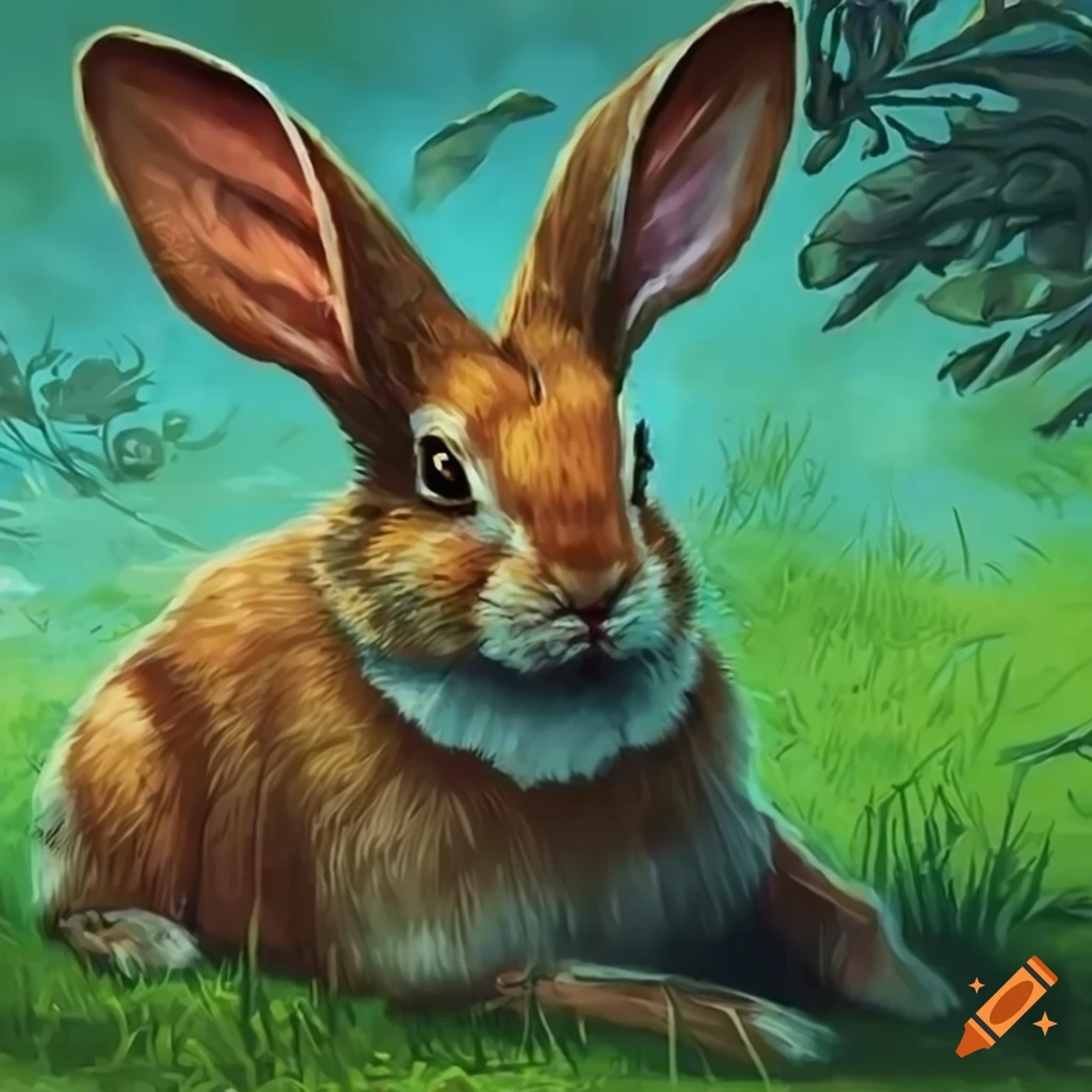 MTG card of a light orange rabbit lying on a meadow on Craiyon