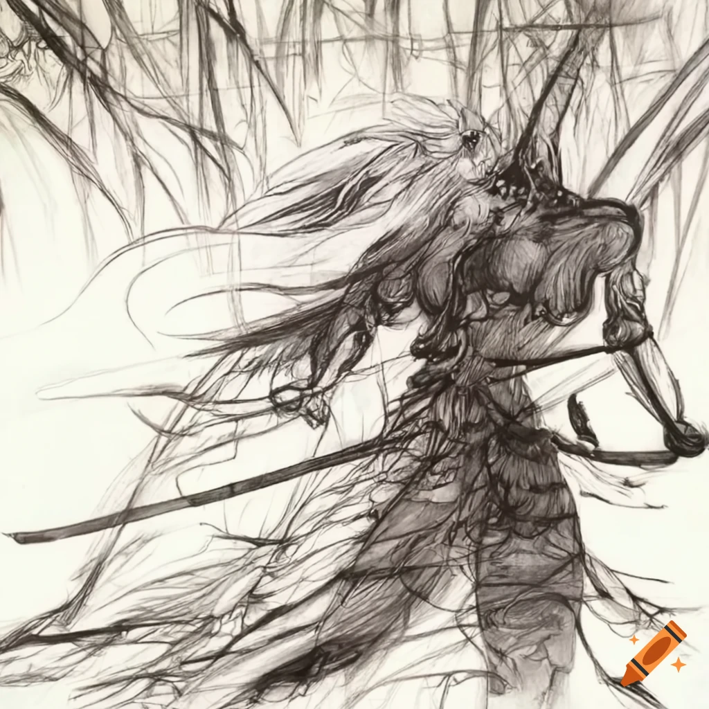 Black and white warriors battle in a bamboo forest under a sunset sky
