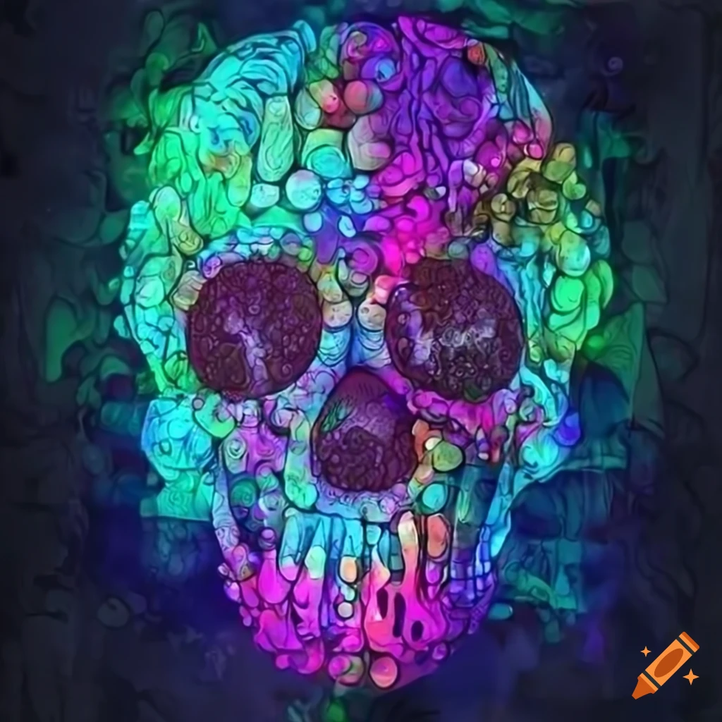Skull made of glowing pills with psychedelic patterns surrounded by prescription pills and needles