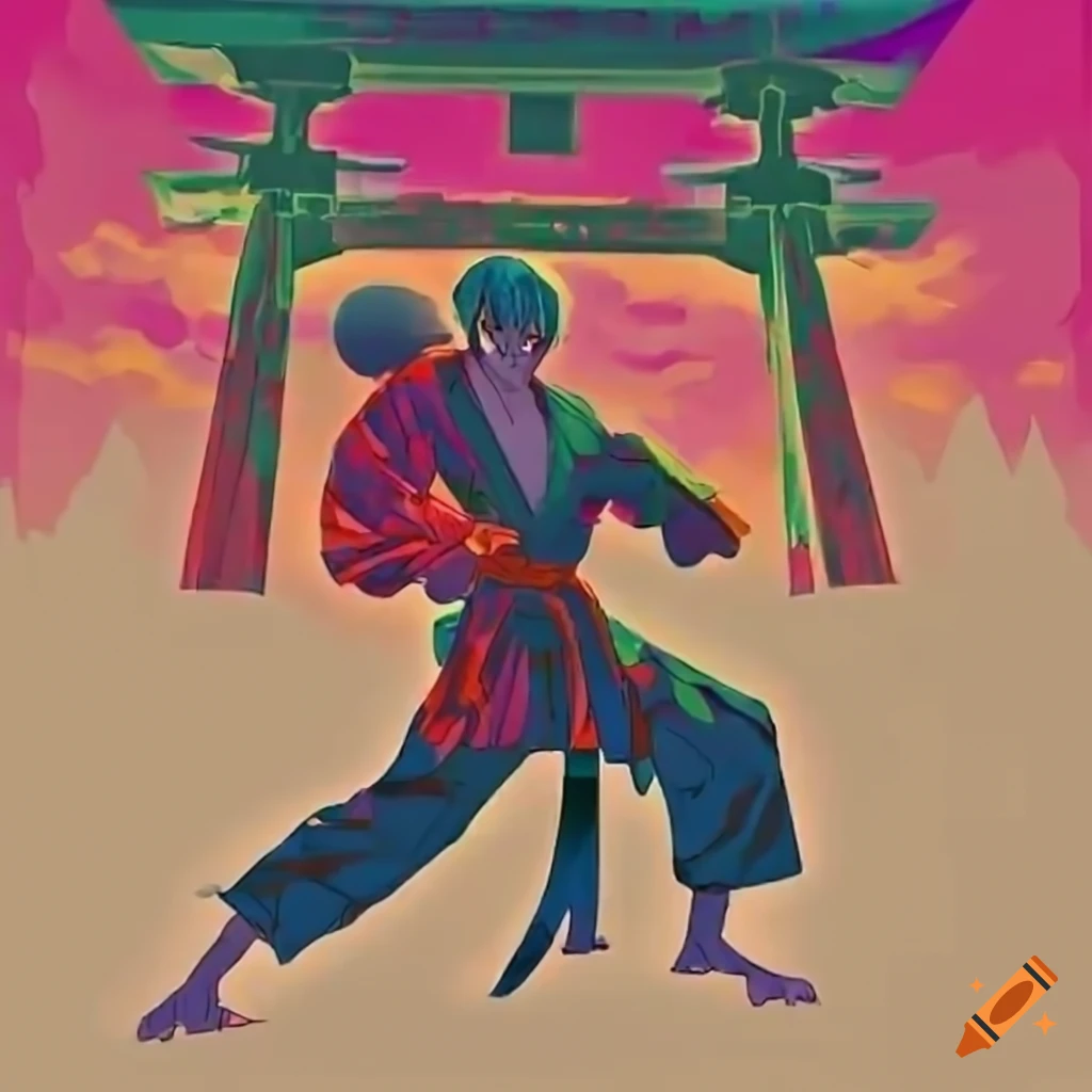 Karate fight in Tokyo with male character in anime art against monster, Torii in background, manga style
