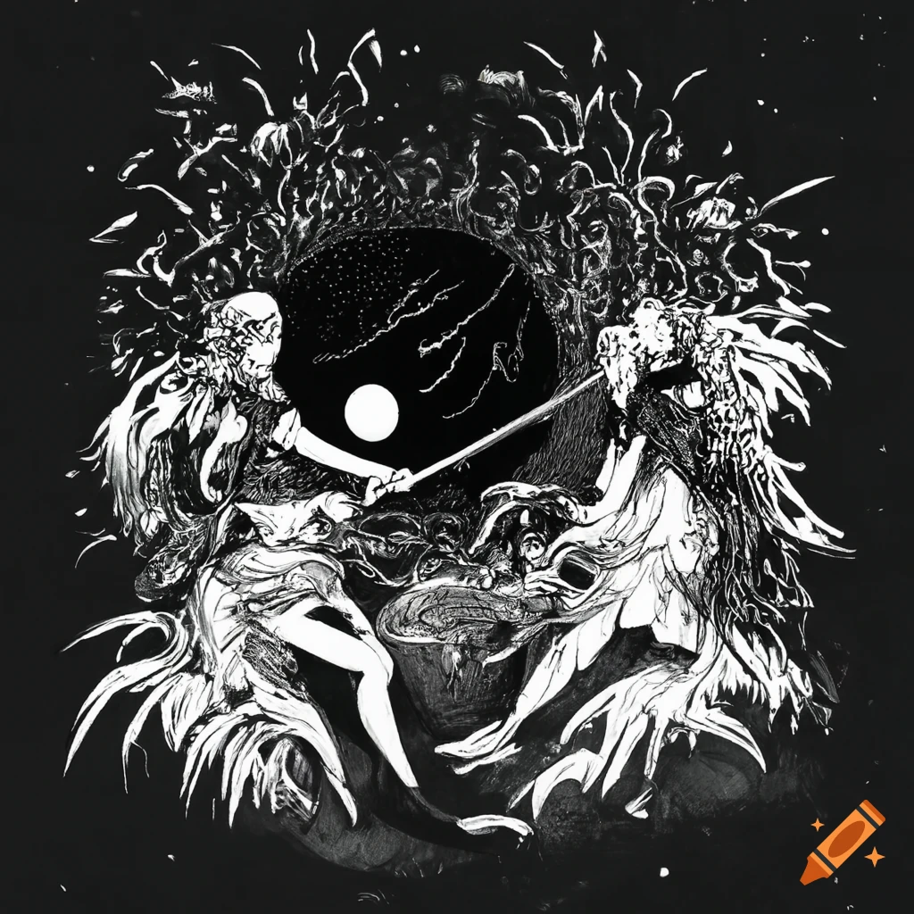 Epic battle between two warriors in a bamboo forest under a starry sky, inspired by Yoshitaka Amano