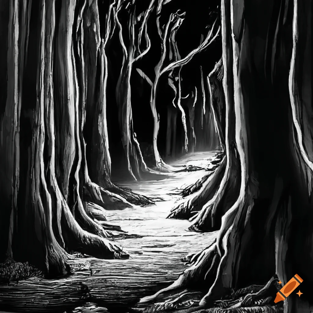 Forest in japan in classic black and white manga style on Craiyon
