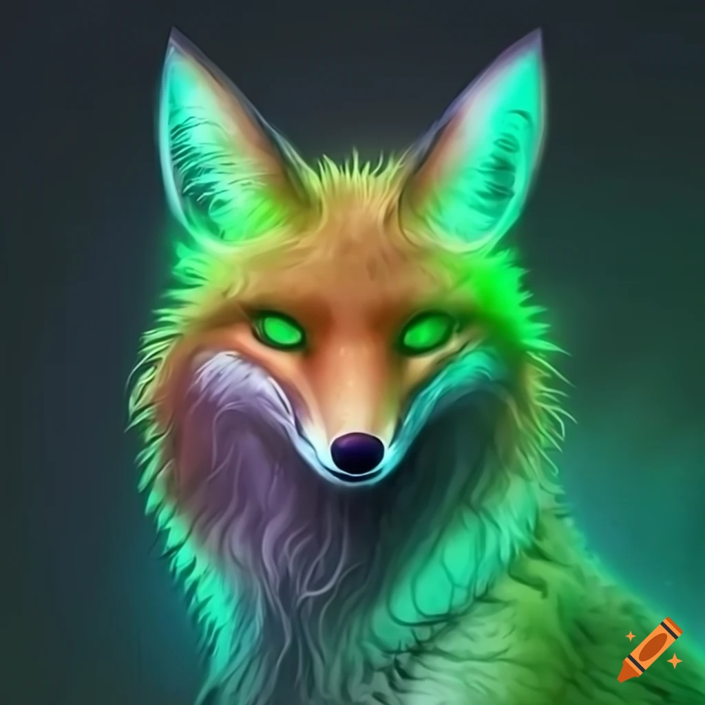 Ancient fox with glowing green eyes in a fantasy setting