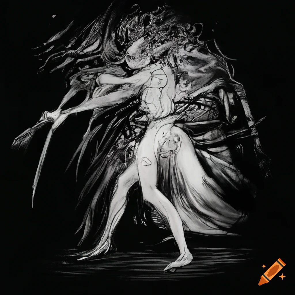 Black warrior versus white warrior in bamboo forest at sunrise, inspired by Yoshitaka Amano