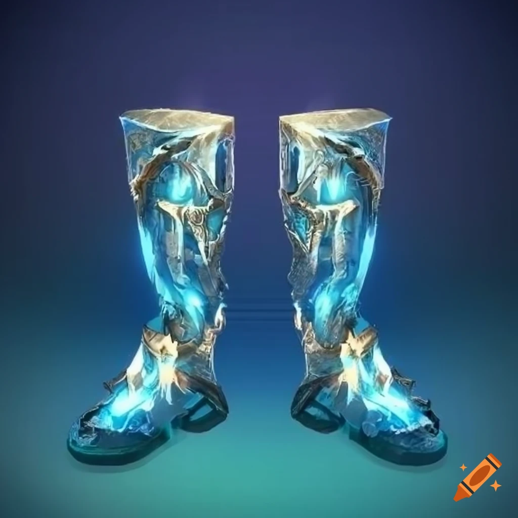 Adorned mithril plated knight boots with magic aura for RPG game