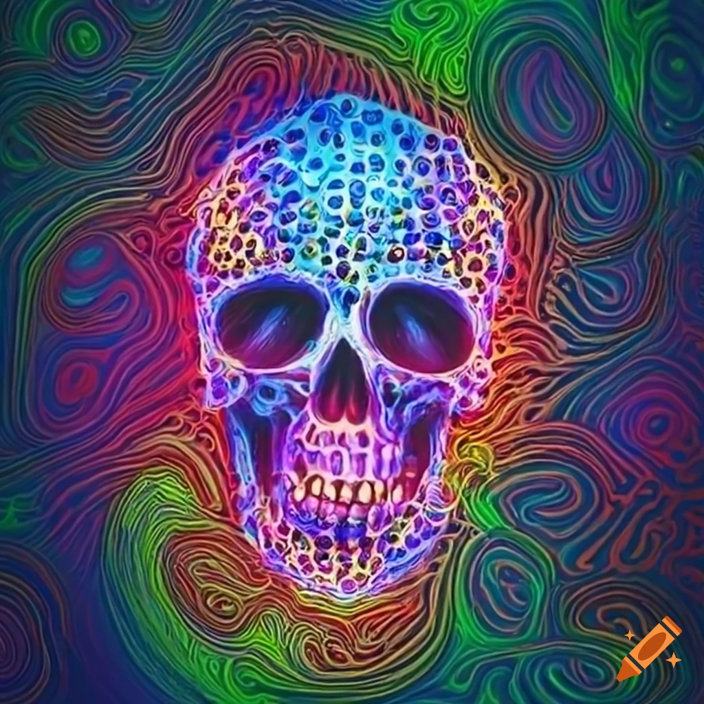 Skull made of glowing pills with psychedelic patterns surrounded by prescription pills and needles