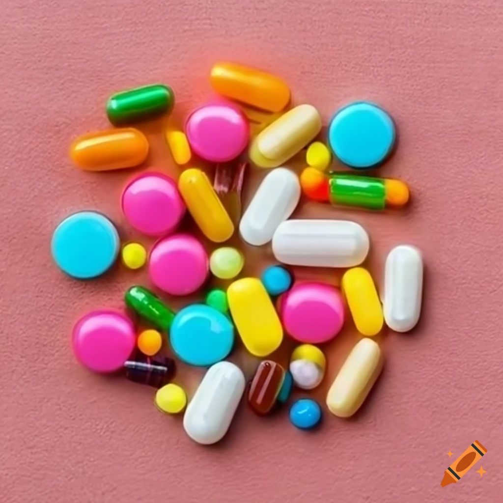 Multicolored pills and capsules in a bottle