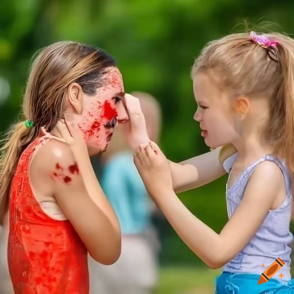 Mother and girl playfully fighting with wooden sticks at an amusement park