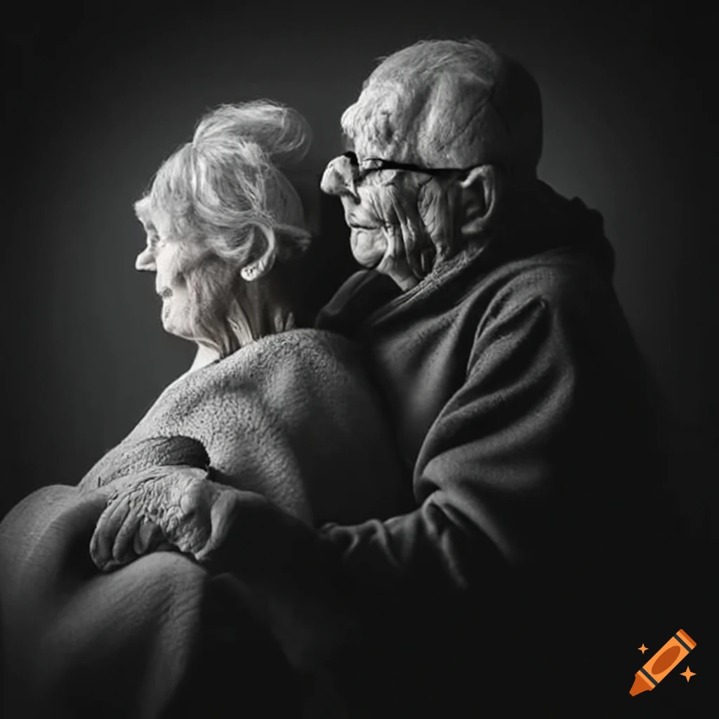 Elderly couple holding hands lost in thought