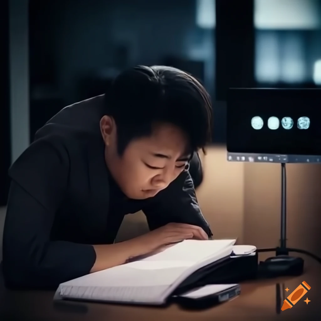 Japanese man sleeping at a desk in an office