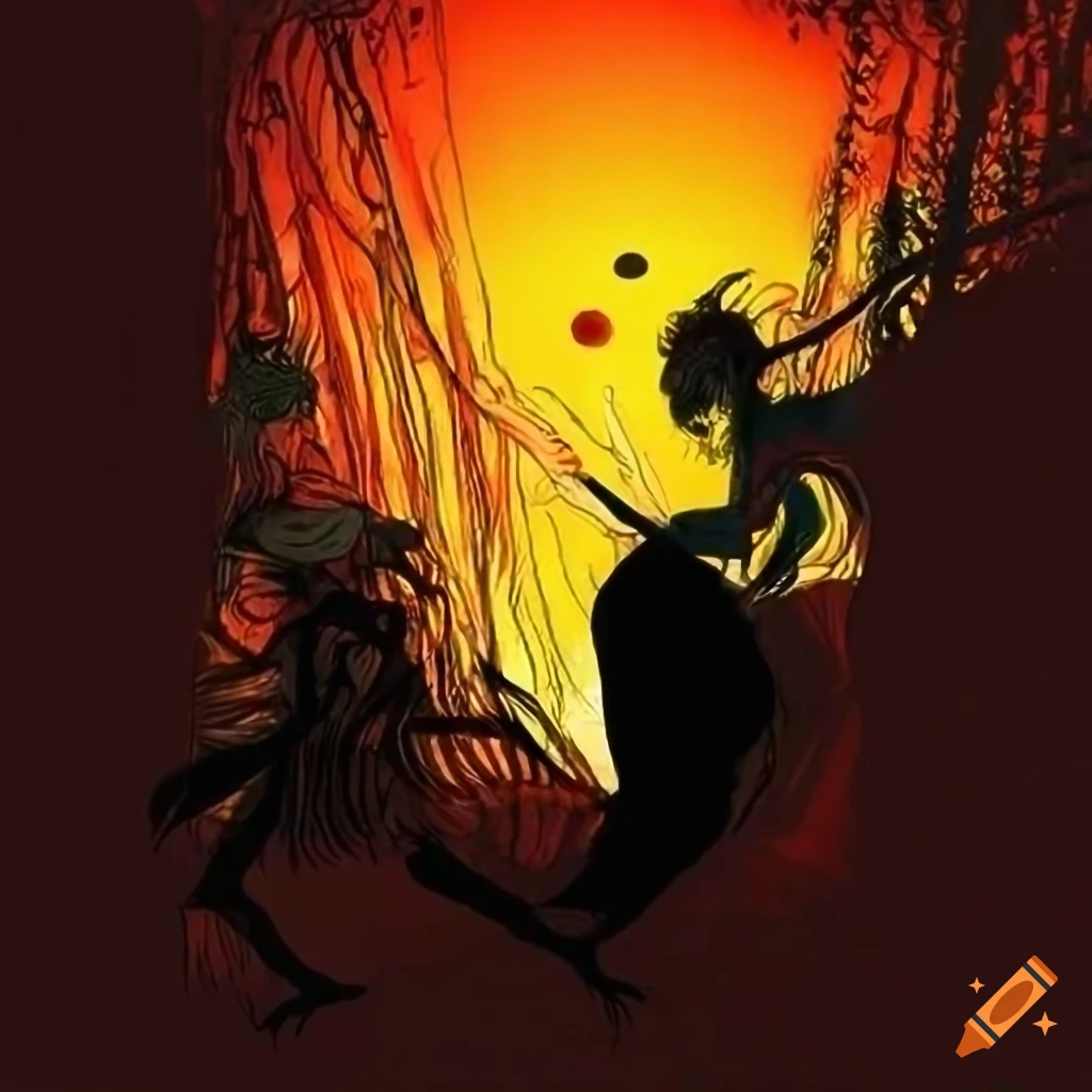 Black warrior battles white warrior in a bamboo forest at sunrise, Yoshitaka Amano style