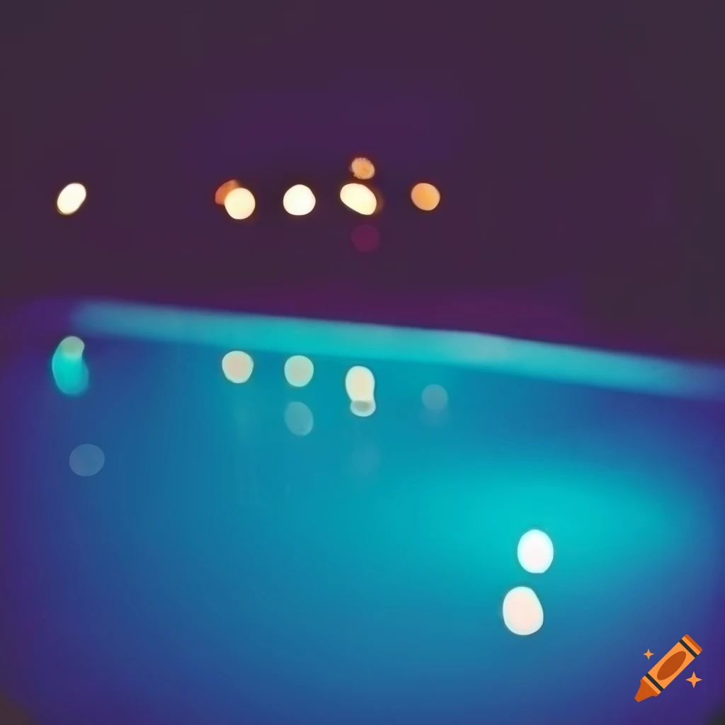 Nighttime outdoor pool with blue lights in a Polaroid style
