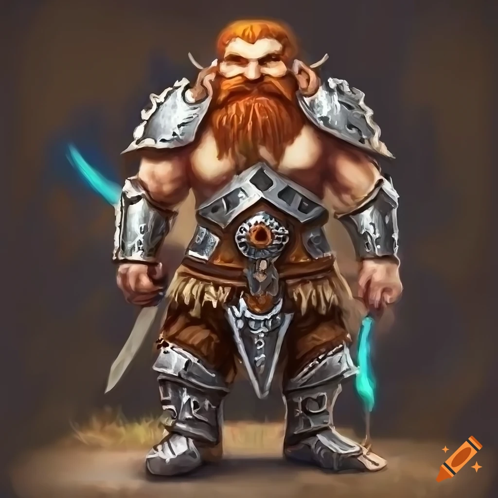Dwarf warrior in plated armor with magical runes, hand-painted with airbrush