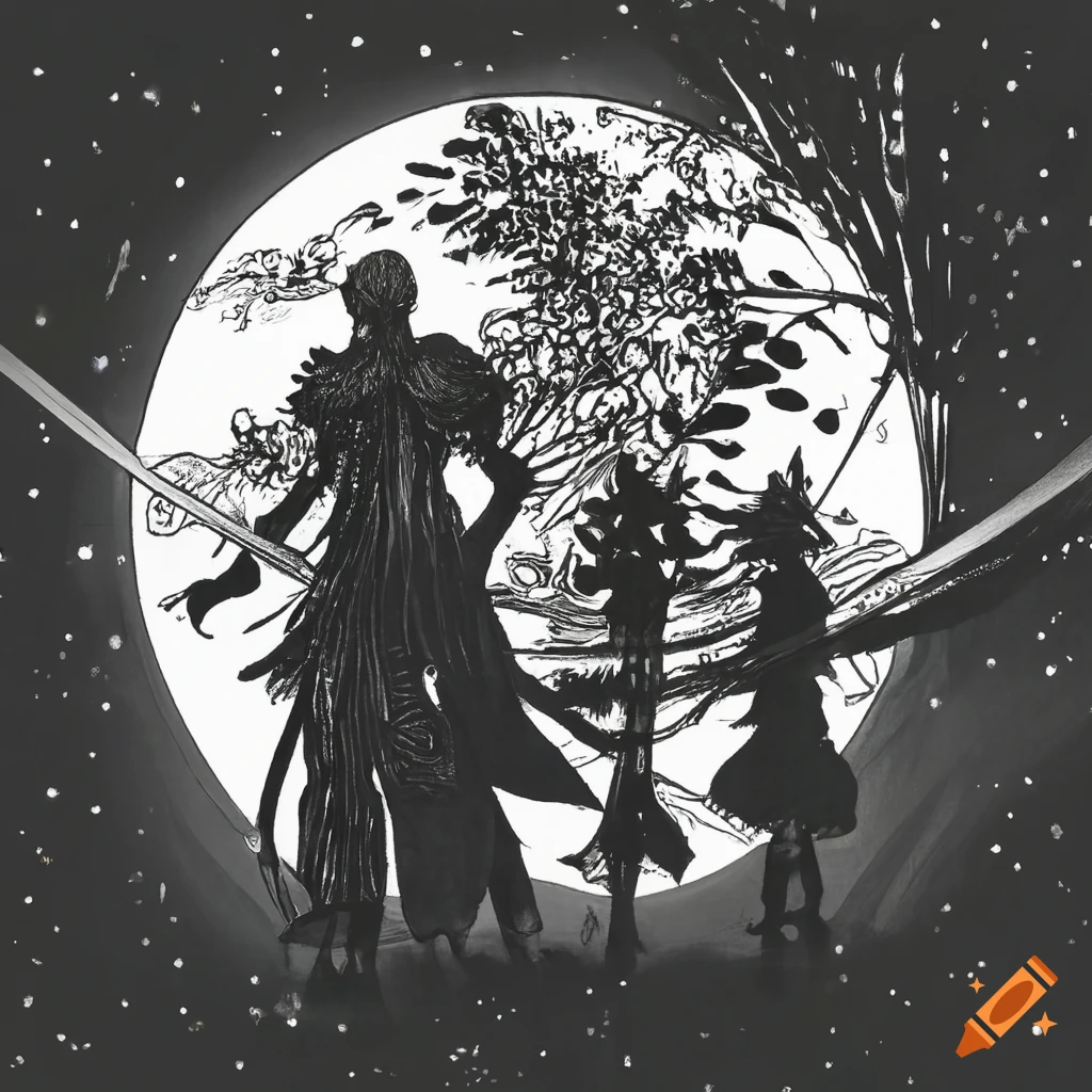 Epic battle of elegant warriors in a bamboo forest under a starry sky