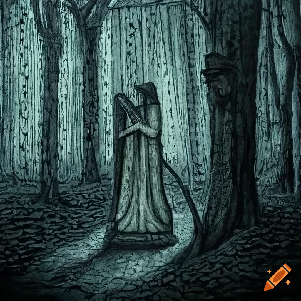 Edward Gorey inspired painting of a harp on a dirt road with a medieval and gloomy atmosphere