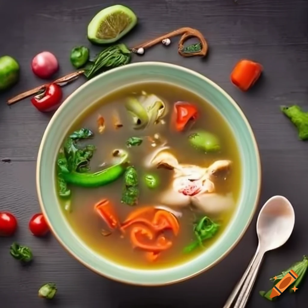 Asian-style soup with vegetables and canine-shaped culinary ingredients