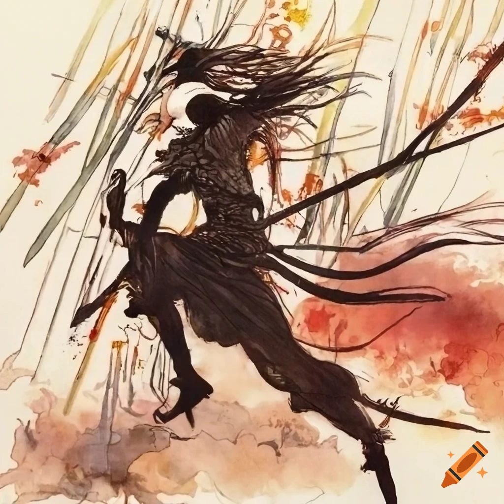 Black and white warriors fighting in a bamboo forest at sunset