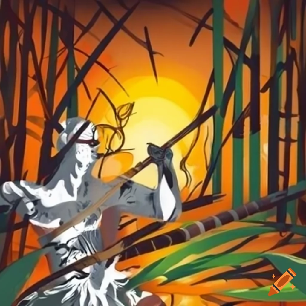 Black warrior and white warrior battling in a bamboo forest at sunrise