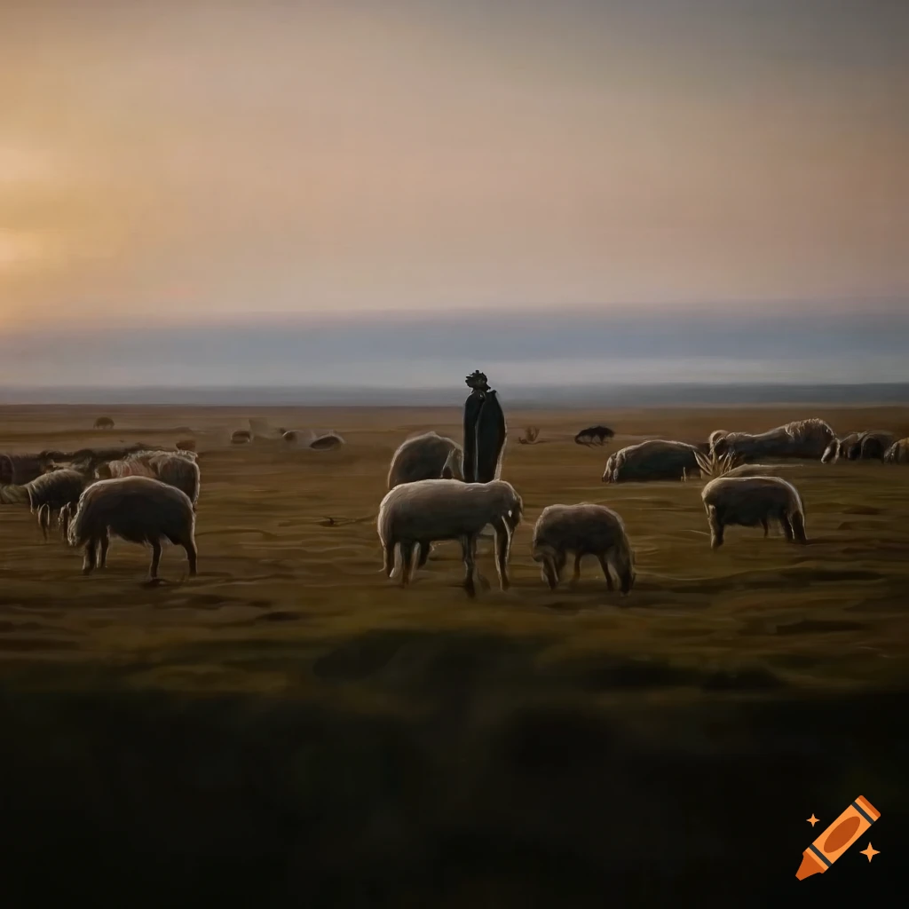 Shepherd guarding flock in grazing fields with distant pack of wolves