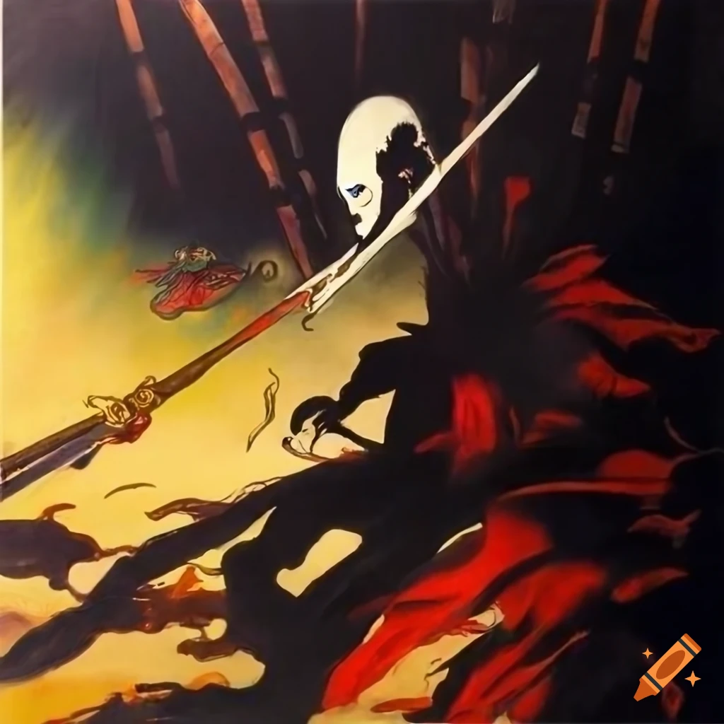 Black warrior and white warrior fighting in a bamboo forest at sunrise in a Yoshitaka Amano inspired artwork