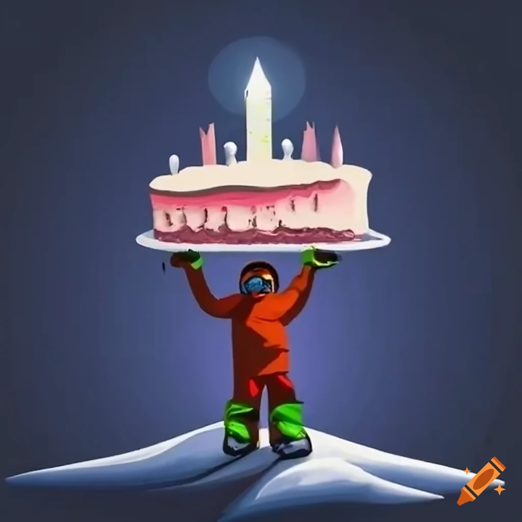 Snowboarder holding birthday cake on a snowy mountain