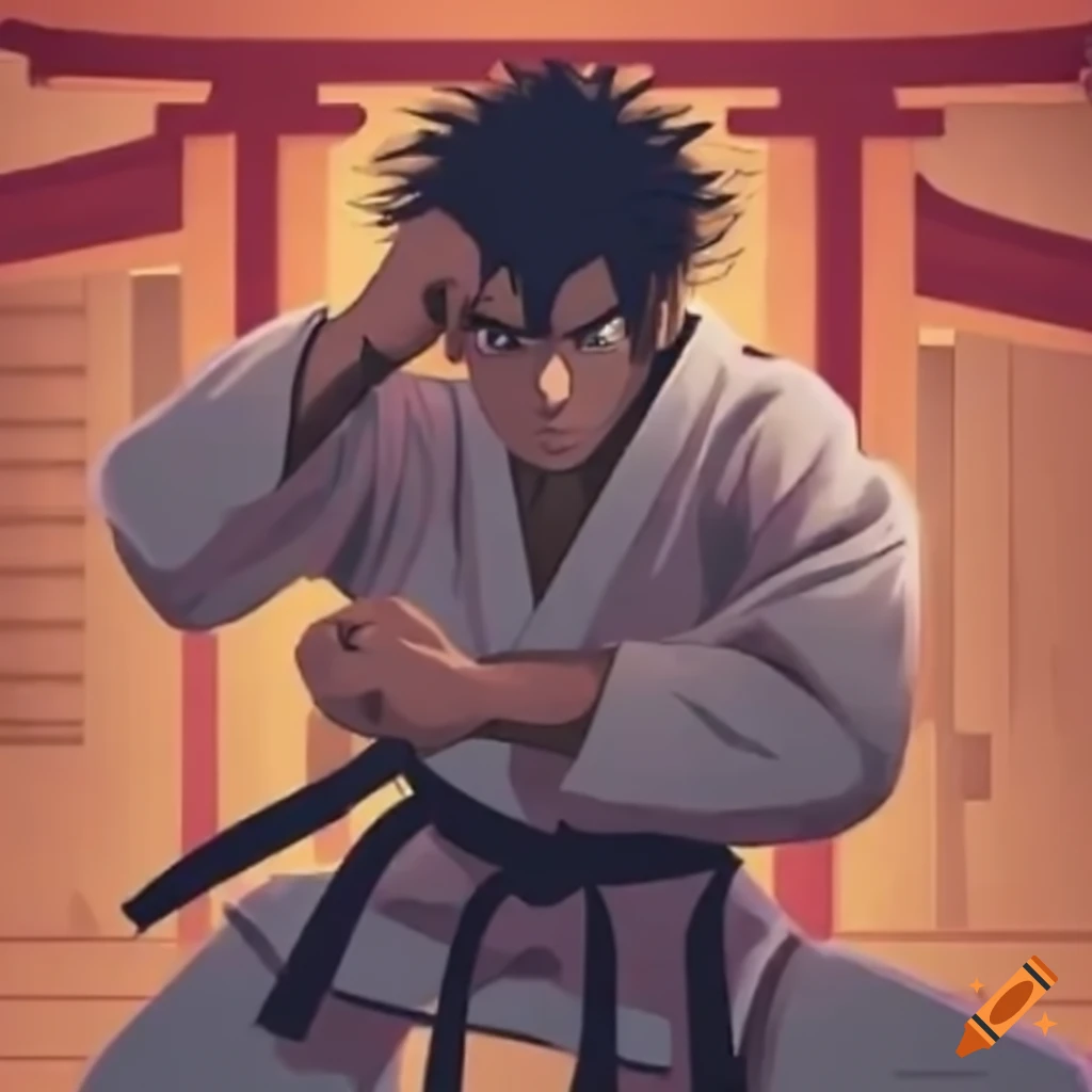 Karate fight in Tokyo with male character in anime art against monster, Torii in background, manga style