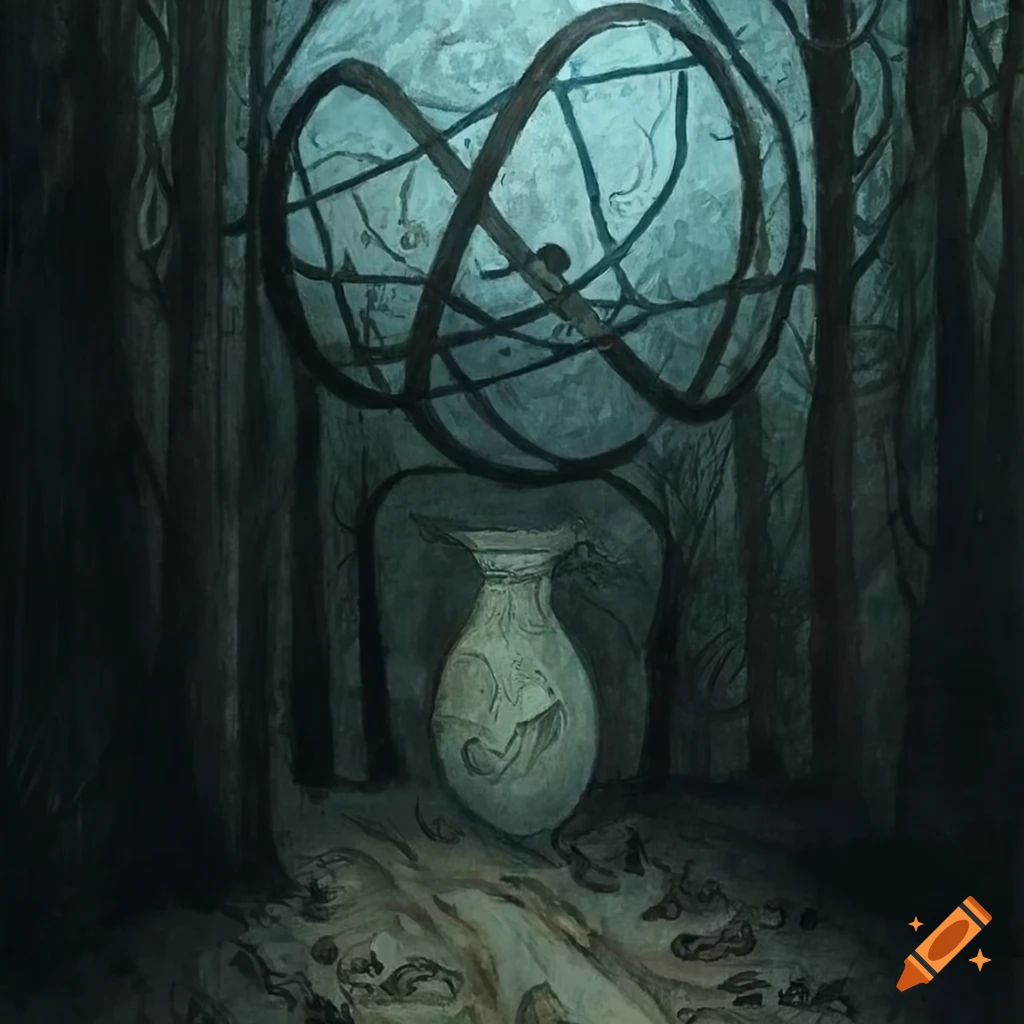 Armillary on a dirt road with a medieval, gloomy atmosphere in Edward Gorey style