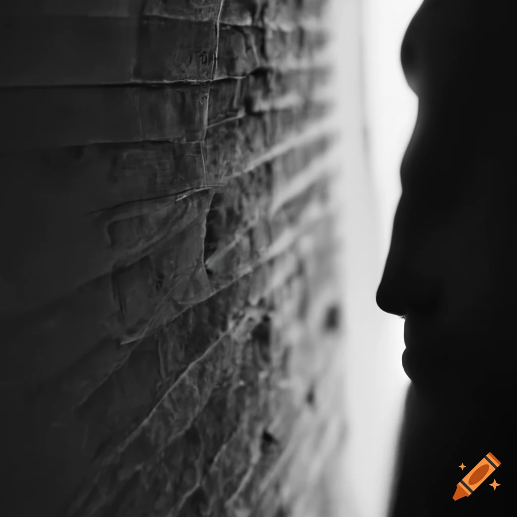 Person meditating between two walls in an empty and destroyed environment