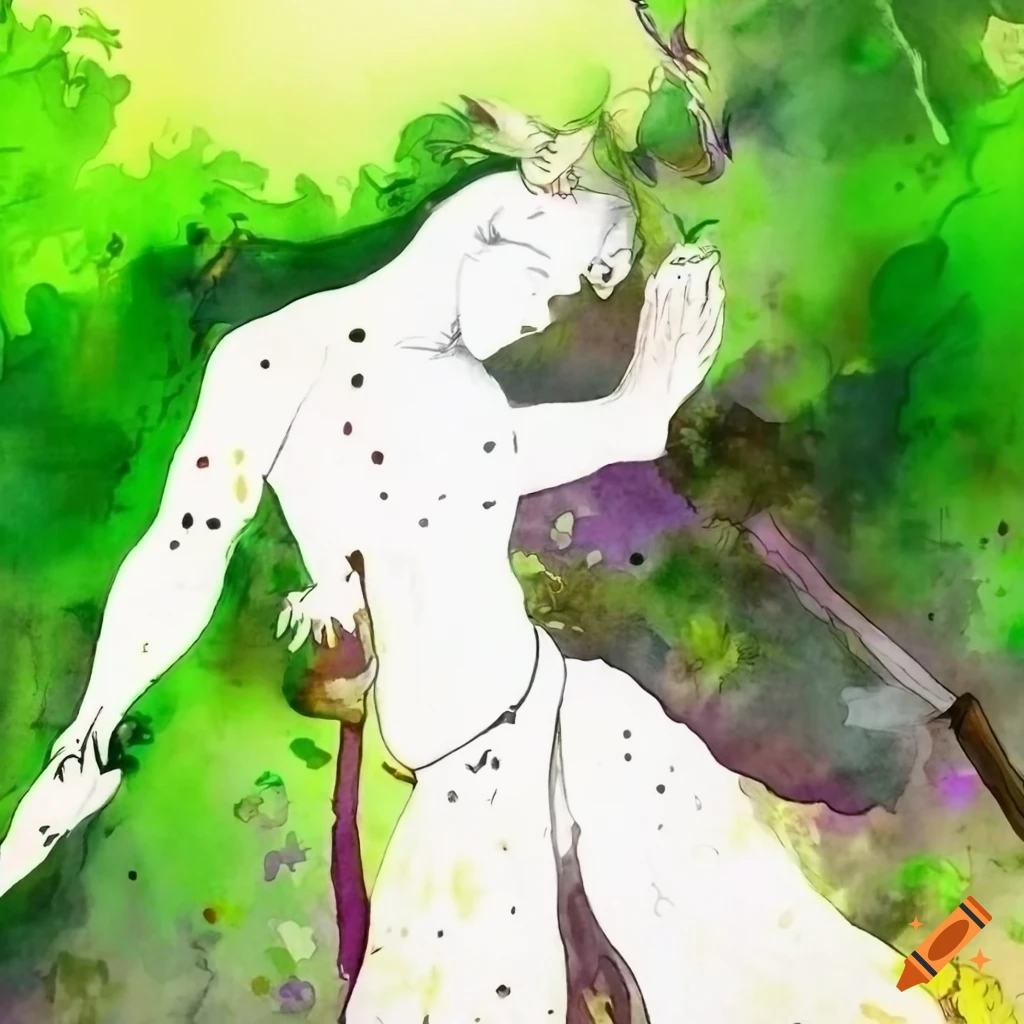 Black warrior versus white warrior fighting in a bamboo forest at sunset