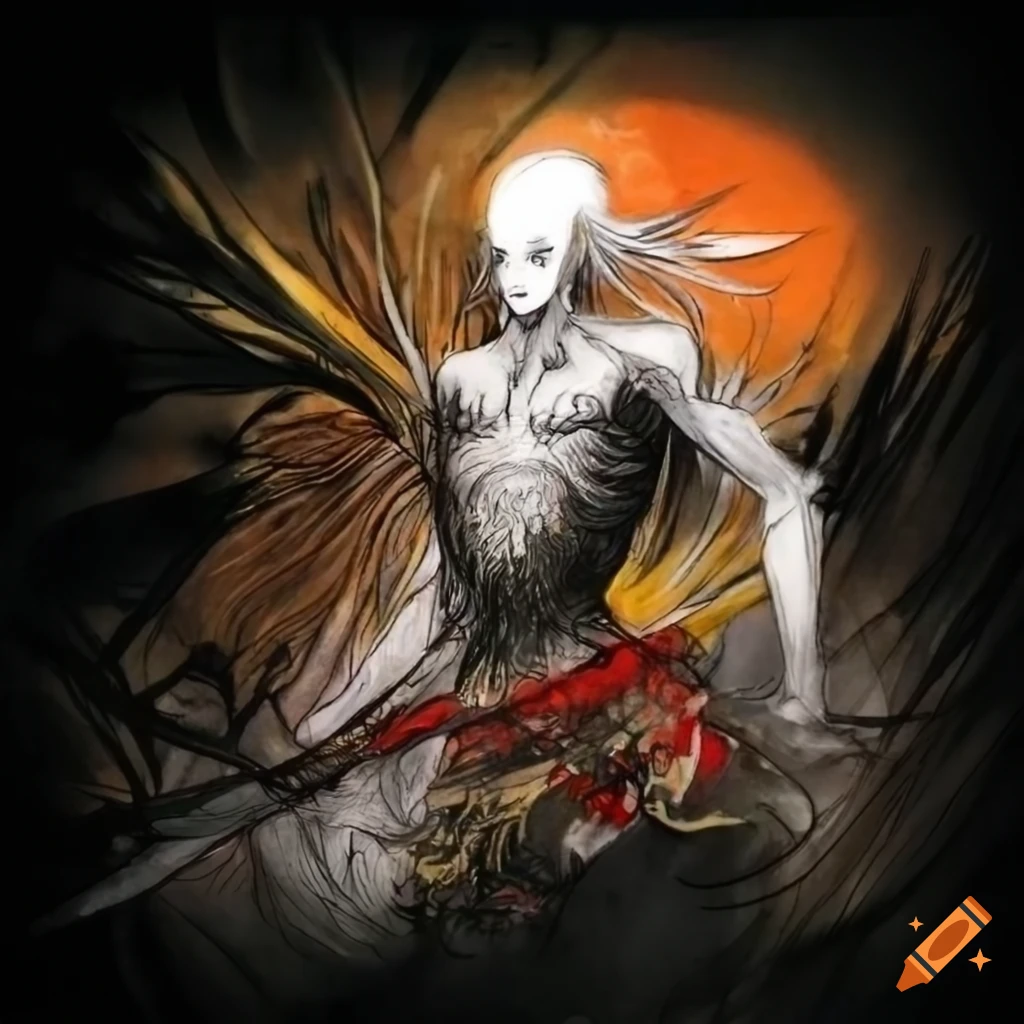 Black warrior fighting white warrior in a bamboo forest at sunrise in Amano-inspired art