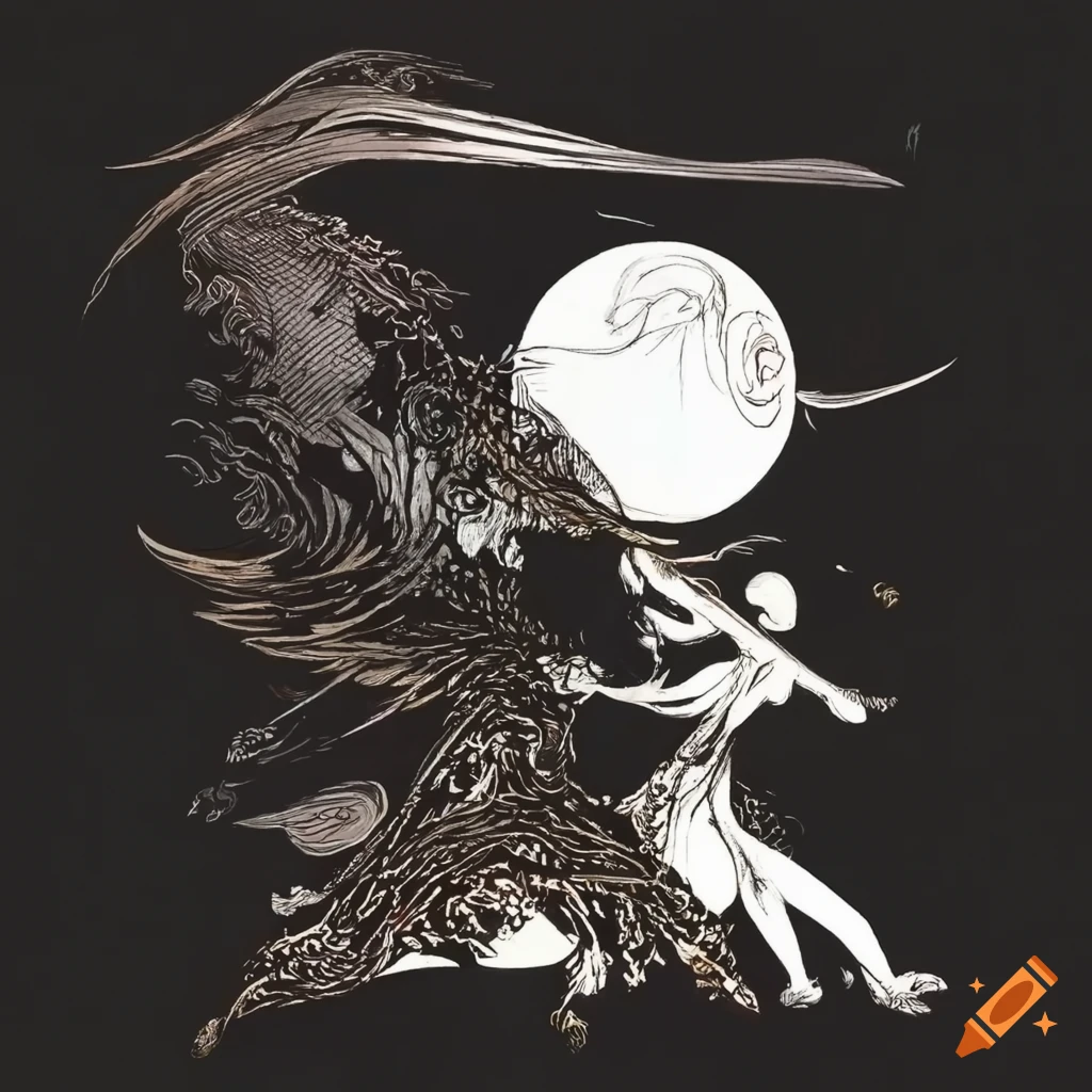 Black warrior battles white warrior in a bamboo forest at sunrise, Yoshitaka Amano style