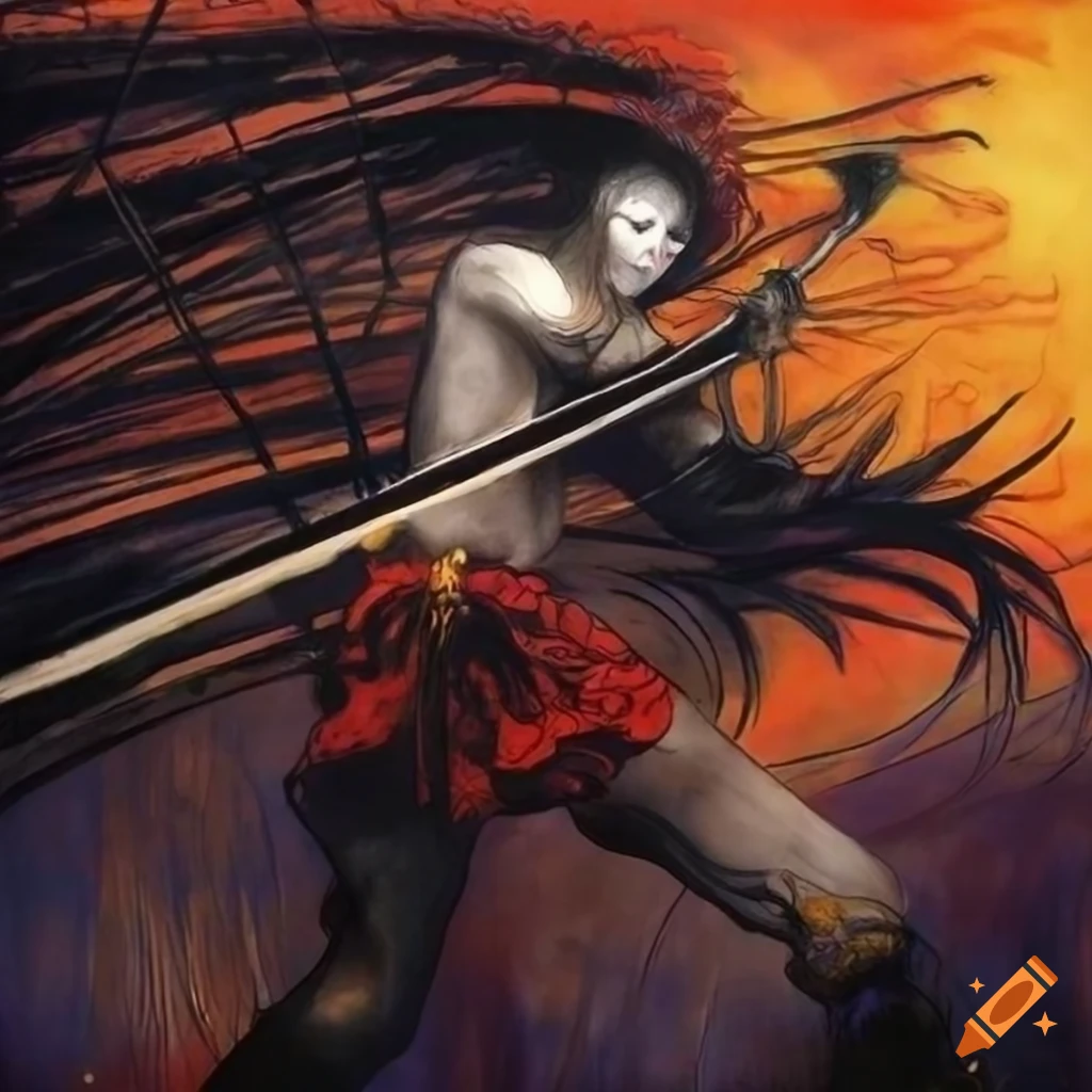 Black and white warriors fighting in a bamboo forest at sunrise, inspired by Yoshitaka Amano