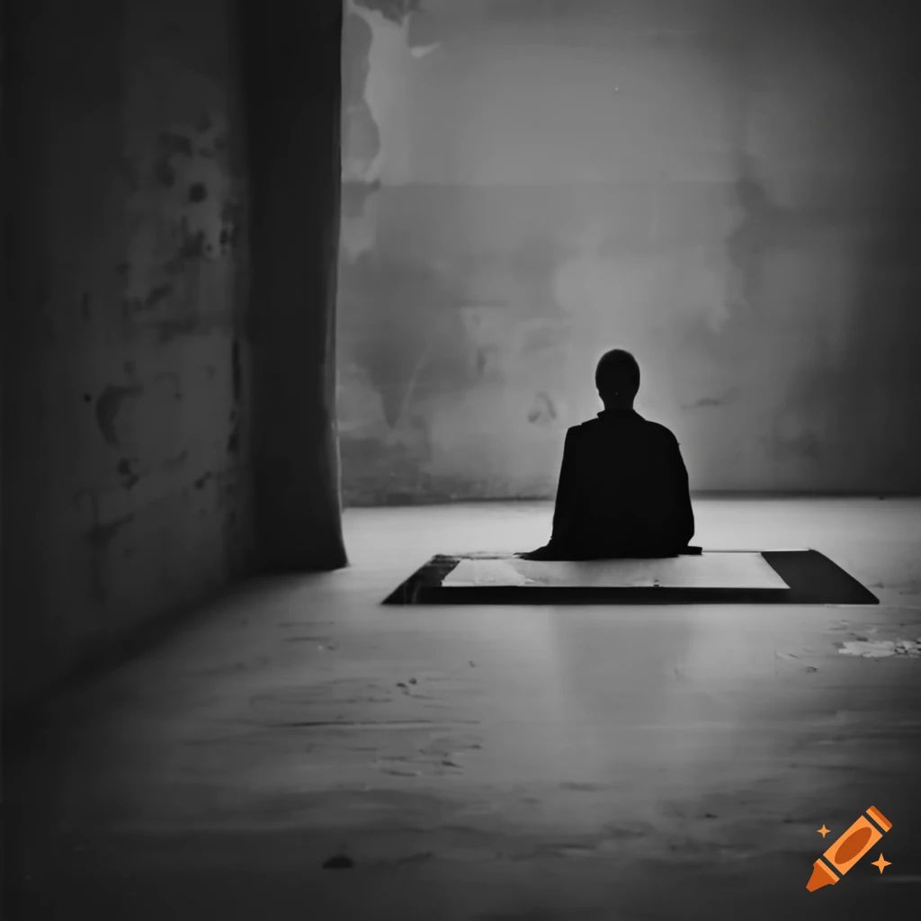 Person practicing zazen between two walls in empty and destroyed surroundings