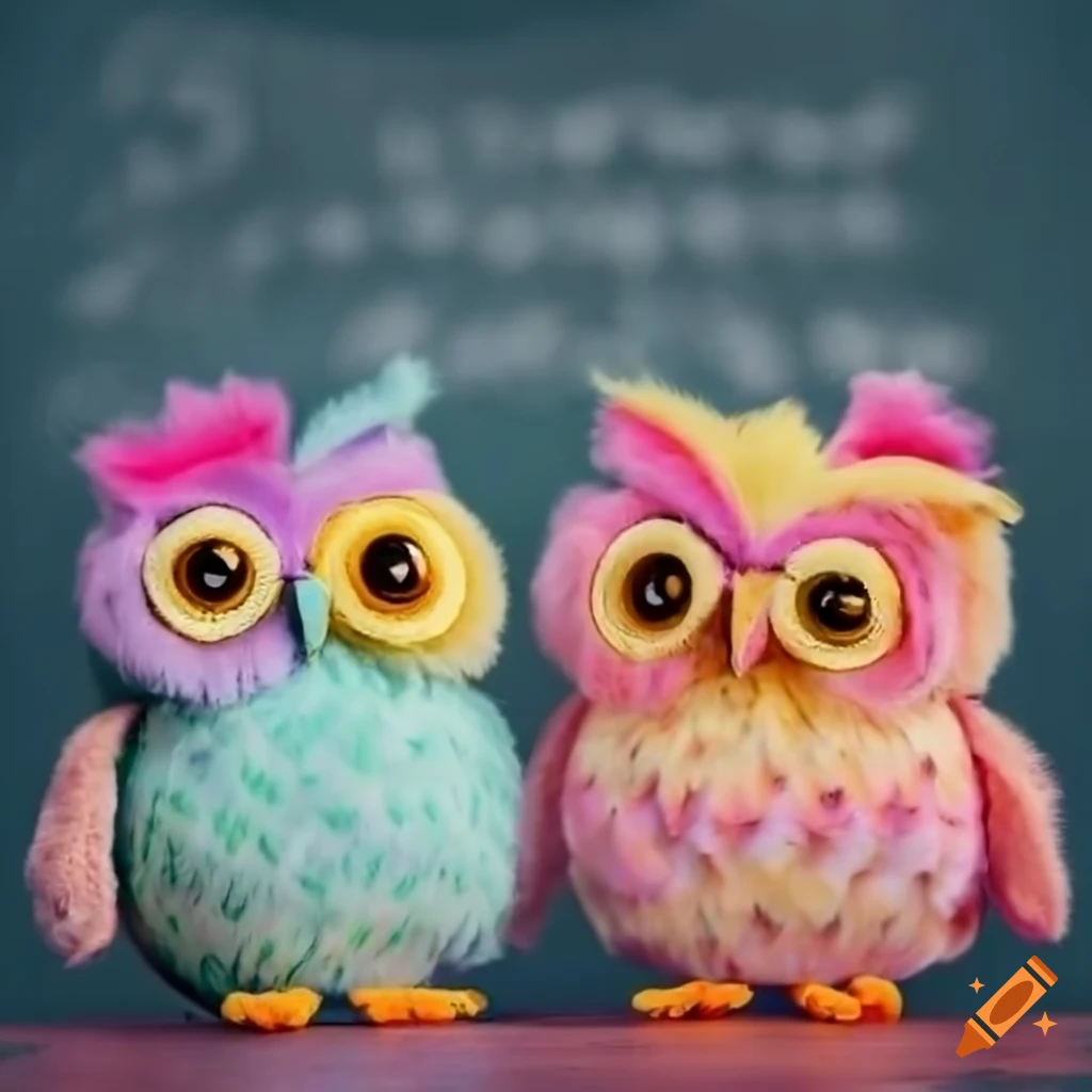 Intellectual pastel plushie owls having a discussion in front of a blackboard