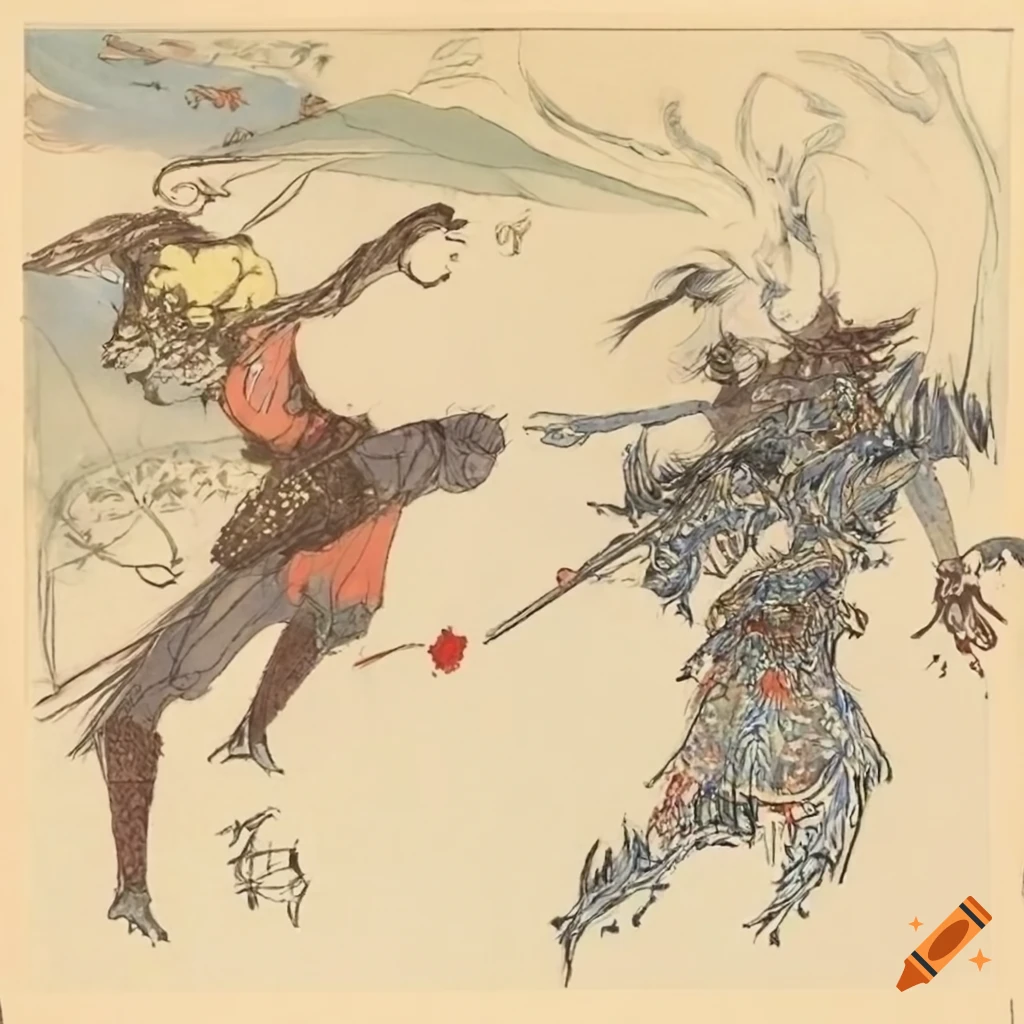 Battle between elegant warriors in a sunlit bamboo forest under a starry sky, inspired by Yoshitaka Amano