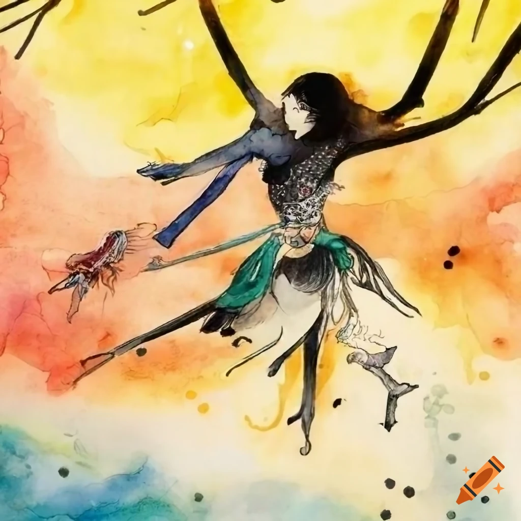 Battle between elegant warriors in a sunlit bamboo forest under a starry sky, inspired by Yoshitaka Amano