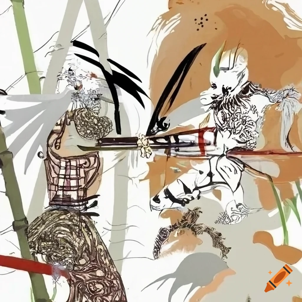Black warrior versus white warrior fighting in a bamboo forest at sunset