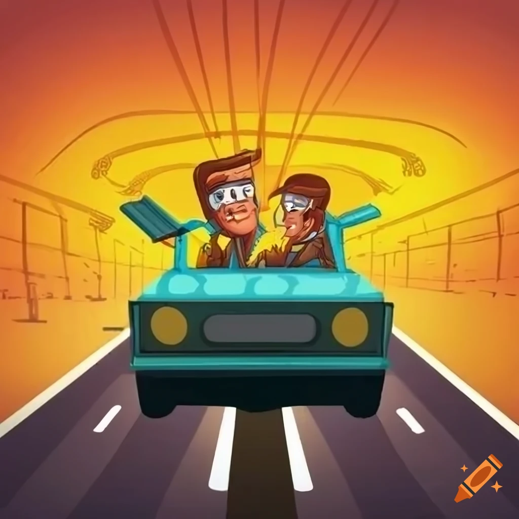 Adventurous driver on the highway in a cool cartoon art style